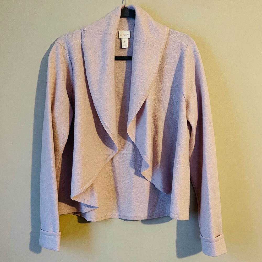 Chicos Light Pink Drape Front Shawl Neck Wool Open Cardigan Jacket